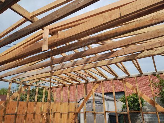 The roof to the garage framing