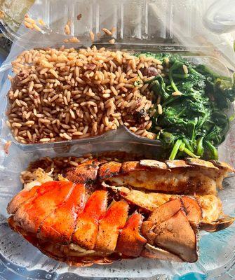 Twin Lobster Tail with Rice and Peas & Sauteed Spinach