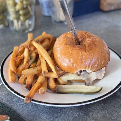 Burger - bacon onion jam, oven roasted tomato, taleggio cheese, aioli, challah bun, fries