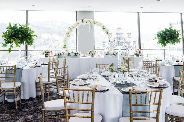 From our Hilton Photoshoot: white polyester rounds, organza overlays, and our exquisite 17 ft. Tutu Skirt in White