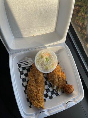 Catfish, hush puppies, coleslaw