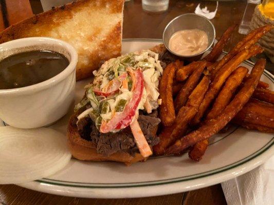 Phorench dip (gluten free hoagie) with sweet potato fries