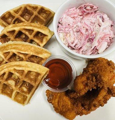 Belgian Waffle, spicy fried chicken, coleslaw