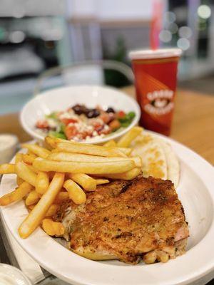 chicken, pita, fries, + salad