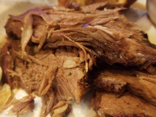 Juicy brisket, I cant believe its not salty, sweet, dry!! Its perfect!!