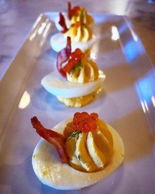 deviled egg with bacon, trout roe