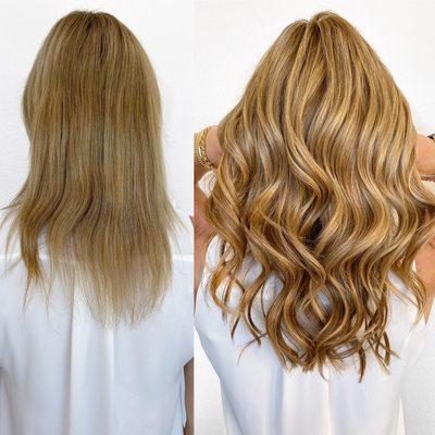 Micro Bead individual hair extensions for a length and volume and color correction to her natural warm Strawberry Blonde color.