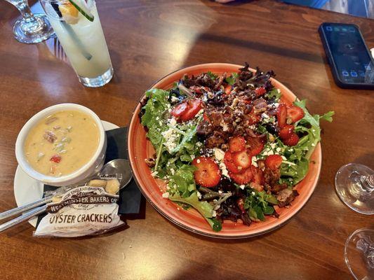 Spicy Sausage Clam Chowder and Strawberry Feta Salad