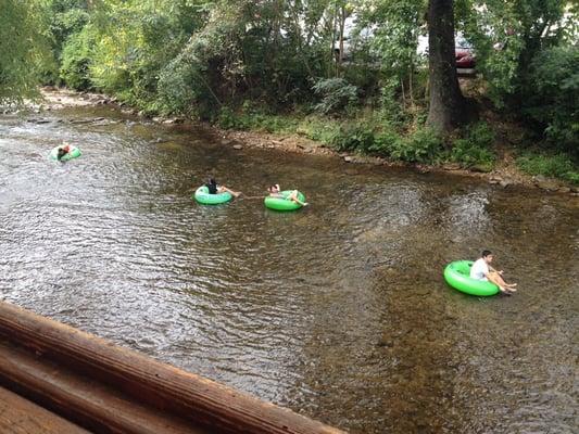 Watching tubers floating down the 'hooch while I enjoy Oktoberfest in Helen at Viele Margaritas on the deck.