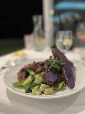 Ribeye, bock choy and purple sweet potatoes.