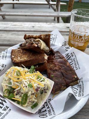 Brisket Reuben (no sauerkraut). 2 addon ribs, wet. Bacon ranch potato salad.