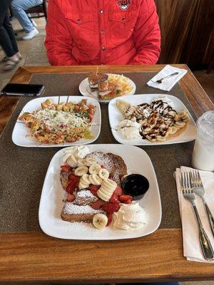 Left: Spicy Cowboy Scramble Right: Loaded Breakfast Crpe Bottom: Brioche French Toast Top: Turkey Panini