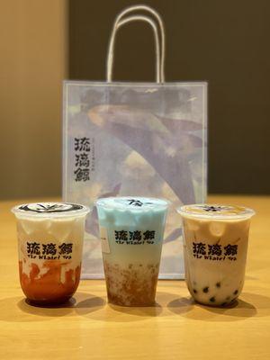 Strawberry Fresh Milk, The Whale Crystal, Taro Milk Tea with Boba