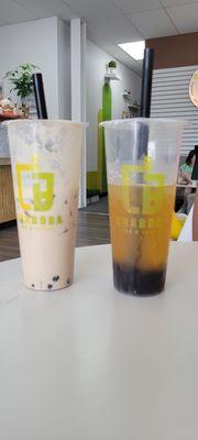 Tiramisu Milk Tea with black pearl and Rosy Lychee Jasmine Tea with black pearl