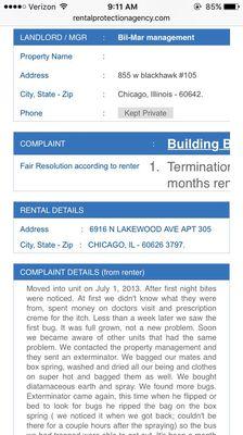 Here is an example of complaints filed against the company for not dealing with bedbugs.