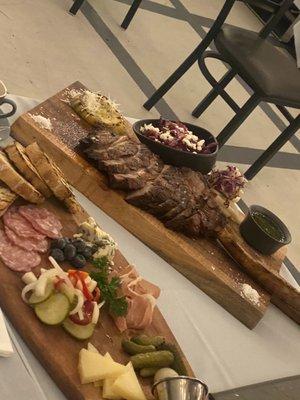 Charcuterie platter and steak