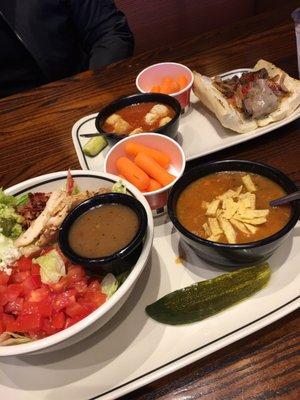 Pick two. Chopped salad w/ chicken tortilla soup and Tomato basil soup w/ steak and cheese hoagie