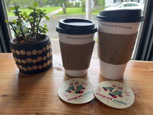 small & medium latte with stickers