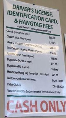 Don't ask me what an "I'M A CAJUN" license is.  These fees were still valid as of February 2019.