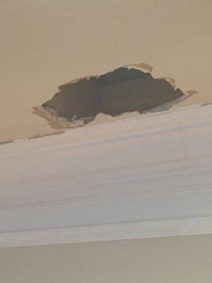 The hole in my ceiling caused by water damage from the AC they fixed just 2 weeks before. Damage courtesy of Extreme Comfort Heating and Air