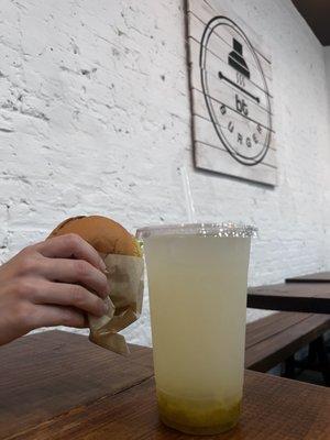 burger and green plum lemonade