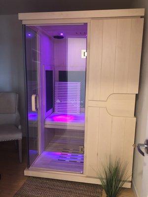 Our infrared sauna with chromotherapy.  Detox and relax with near, far, and mid infrared rays and choose the color therapy of your choice.