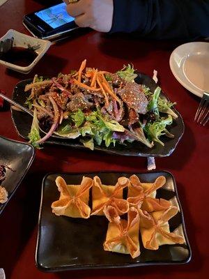 Crab Rangoon & spicy beef salad