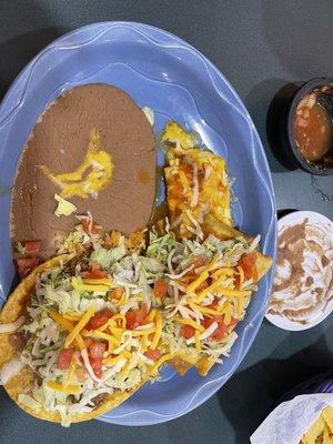 Chimichanga chili Rado tostada beans and rice large combination plate