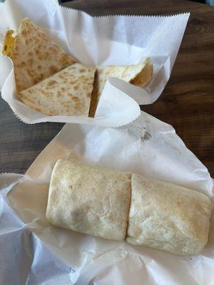 Breakfast burrito and breakfast quesadilla