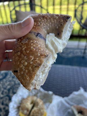 Blueberry bagel with cream cheese. Best blueberry bagel I've had!!!