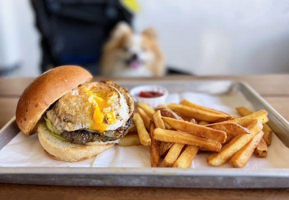 Konjoe Burger w/ jack cheese, pickled jalapenos, sunny side egg, grilled onions, konjoe sauce, sweet bun | $15 (fries not included)