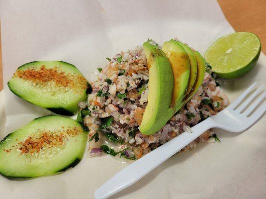 Ceviche.  A mix of ground imitation crab and shrimp.  Delicious!