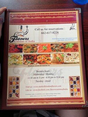 Front page of menu