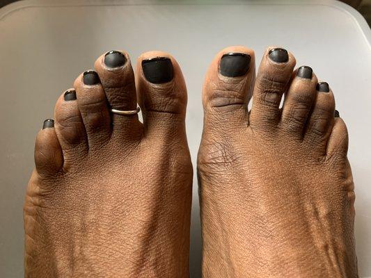 Gel Pedi: Matte black with a thin glossy tip. Pedi done by Tiffany.