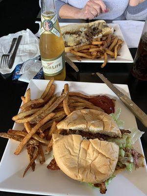 Yum!!! Day Shift Burger, steak sandwich and an ice cold Miller High Life!