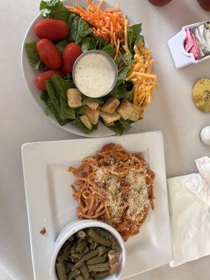 Spaghetti casserole with green beans, salad and a role