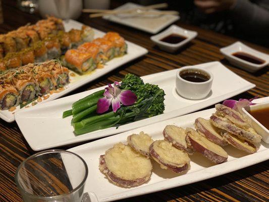 Sweet Potato Tempura, broccolini, and various rolls