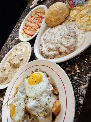 Biscuits and gravy, country fried steak.