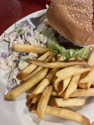 Burger with fries and coleslaw