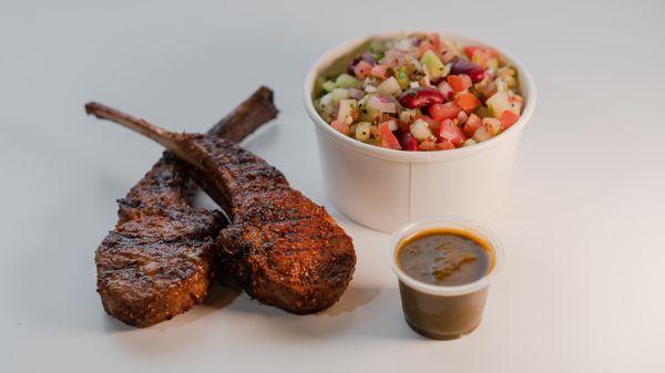 One order of Lamb Chops with Kachumar Salad and Khokha Chutney.