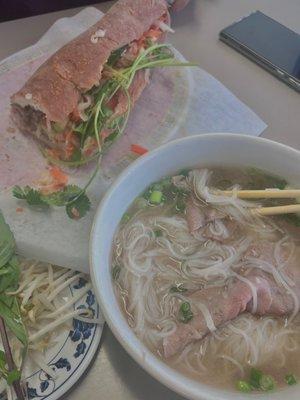 Rare steak and brisket pho, and the sandwhich is called pork bahn mi