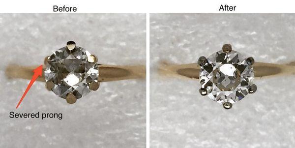 Prong rebuild costs a fraction of what it would be to replace a lost diamond. Bring in your ring for courtesy cleaning and inspection.