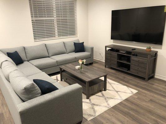 Custom couch, coffee table (distressed grey), TV stand (distressed grey)