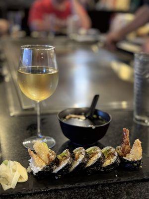 Plum Wine, Shrimp Tempura and Miso Soup