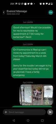 My text messages sent 6.5 hours prior to appointment time
