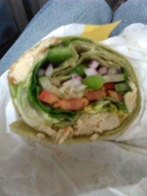 FRAUD.  A CHICKEN WRAP THAT IS SUPPOSED TO CONTAIN TWICE THE CHICKEN OF A 6 INCH SUB.  THE CHICKEN IS THAT LITTLE PINCH AT THE BOTTOM.