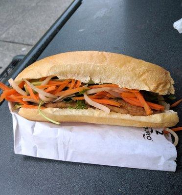 Tofu banh mi. Tofu appears to be store-bought fried aburage pockets.