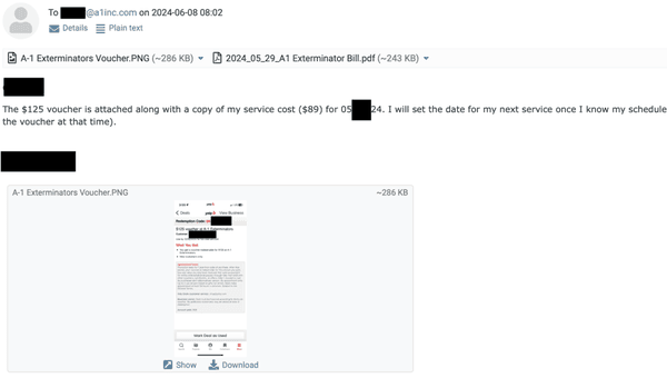 Email I sent of the voucher that the Tech had on the day of service.