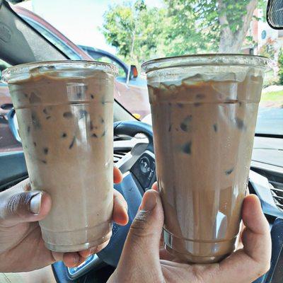 Dirty chai (left), vanilla latte (right)