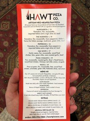 Menu for Hawt Pizza Co at the Low 'n Slow Lowrider Bar